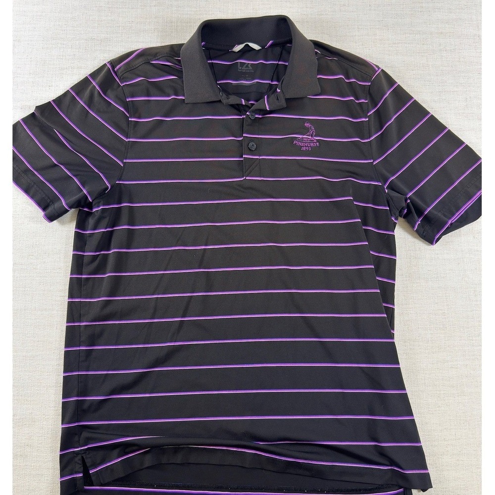 Cutter & Buck Mens Pinehurst 1895 Striped Golf Polo Shirt Black Purple Medium